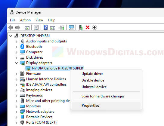 Graphics driver properties in Device Manager