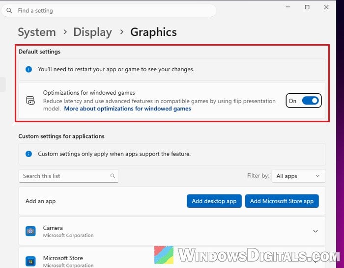 Graphics settings in Windows 11 Display settings