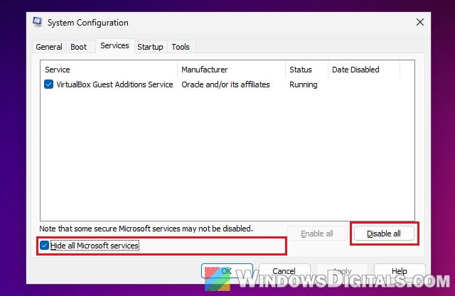 Hide all Microsoft services and Disable all in msconfig Windows 11