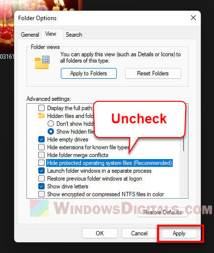 Hide protected operating system files Windows 11