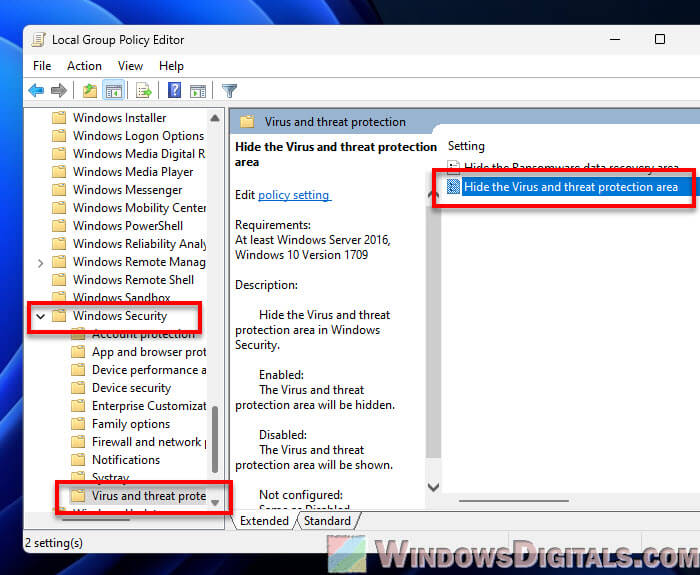 Hide the Virus and threat protection area policy