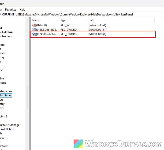 HideDesktopIcons NewStartPanel Home icon registry value Windows 11