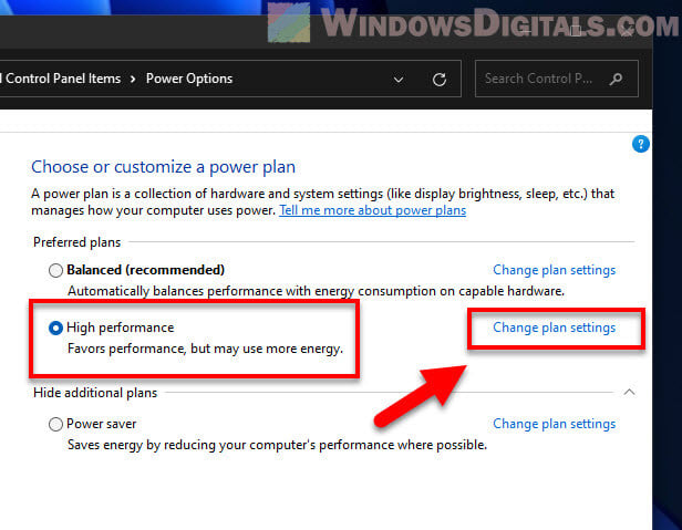 High performance plan settings Windows 11
