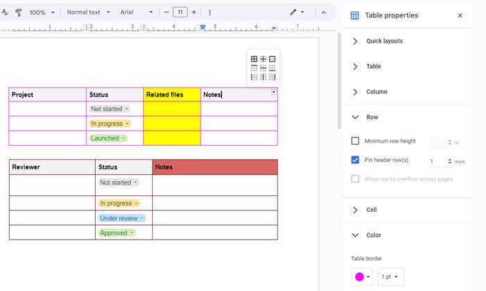 How table works in Google Docs