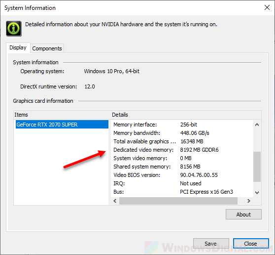 How to Check NVIDIA Graphics Card memory size on Windows 10