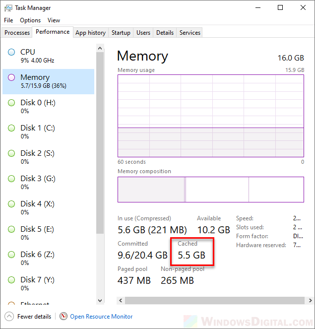 Change cache memory windows 10