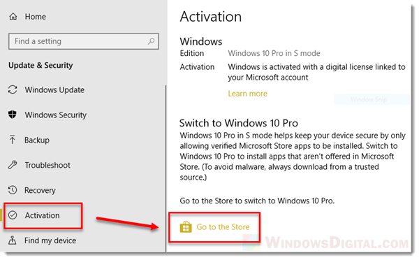 Windows 10 Activation Go to the Store