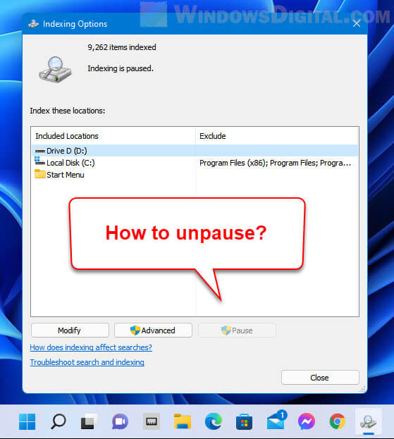 How to Unpause Indexing in Windows 11