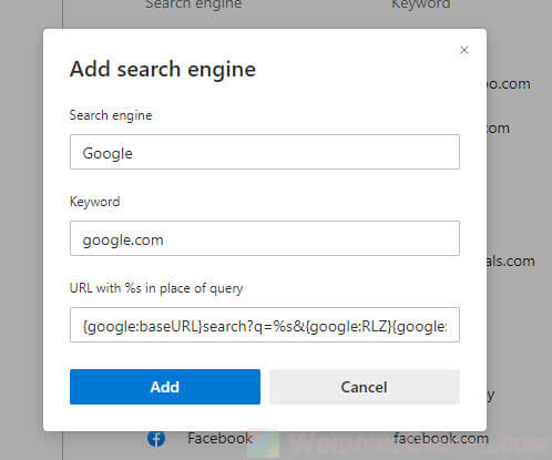 How to add Google to Microsoft Edge as default search engine