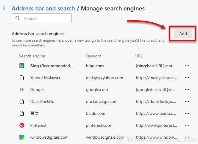 How to add a search engine to Microsoft edge as default