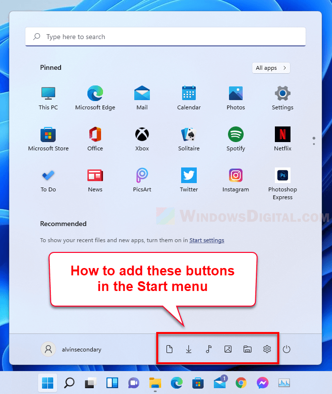 How to add settings file explorer folders to Start menu next to Power button Windows 11