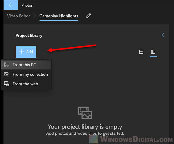 How to add videos to project library Photos app Windows 10