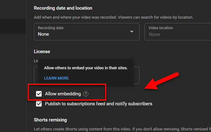 How to allow embedding of a video on YouTube Studio