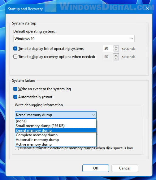 How to change type of memory dump file Windows 11