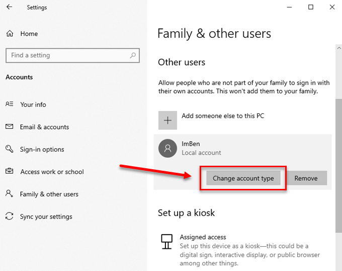 Change account type in Windows 10/11