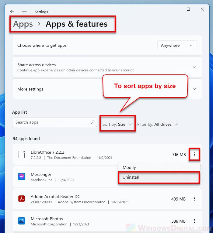 How to delete uninstall large apps in Windows 11