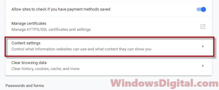 Chrome content settings