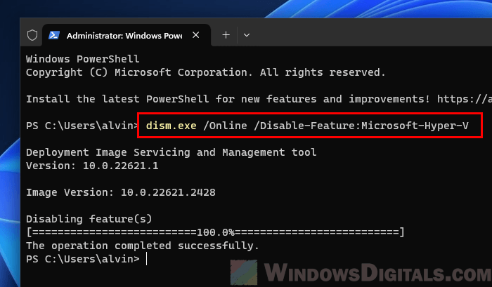 How to disable Hyper-V in Windows 11 PowerShell