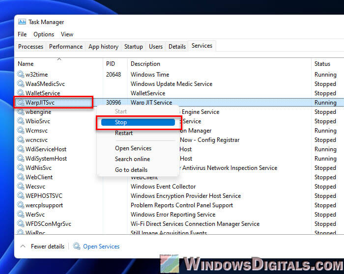 How to disable Warp JIT Service in Windows 11