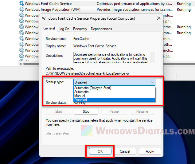 How to disable Windows Font Cache Service