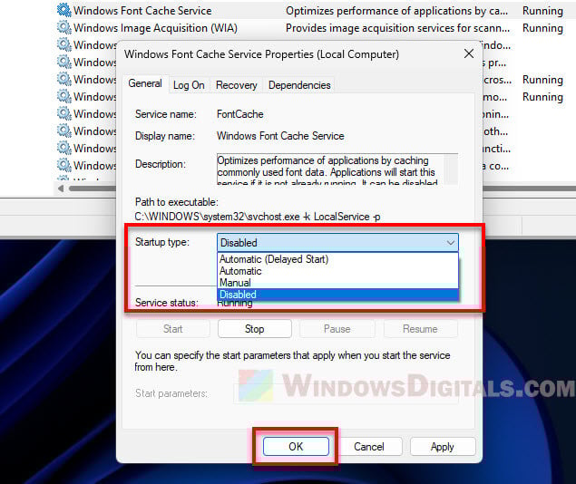 How to disable Windows Font Cache Service