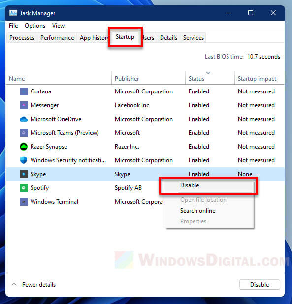 How to disable startup programs in Windows 11 via Task Manager