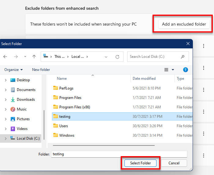 How to exclude a folder from search index in Windows 11