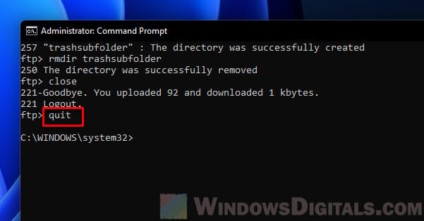 How to exit an FTP connection in Windows 11 CMD