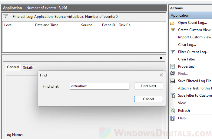 How to filter VirtualBox logs and errors in Event Viewer