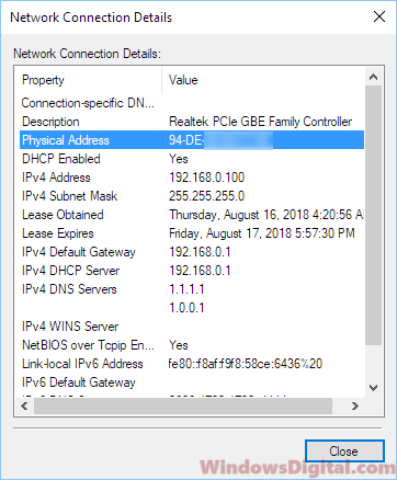 Find MAC address on Windows 11/10 without command prompt