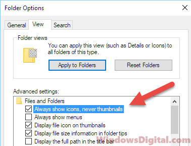 Always show icons never thumbnails