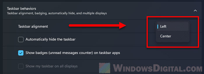 How to move align taskbar icons to left Windows 11