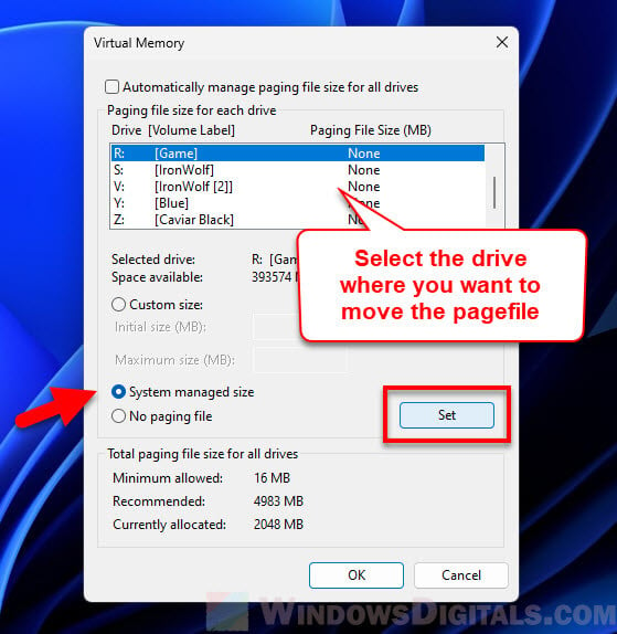 How to move virtual memory (pagefile) to a different drive in Windows 11