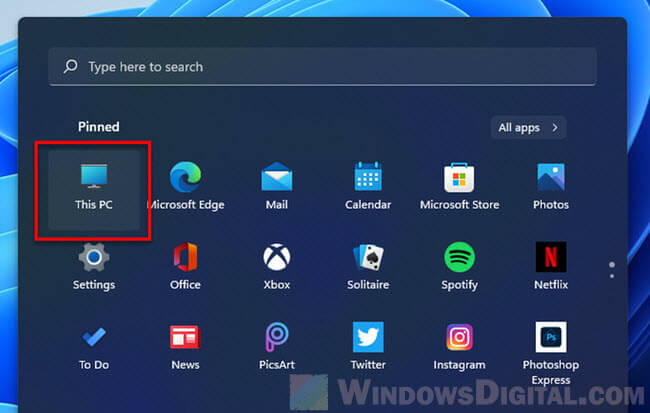 How to open This PC from Start menu on Windows 11