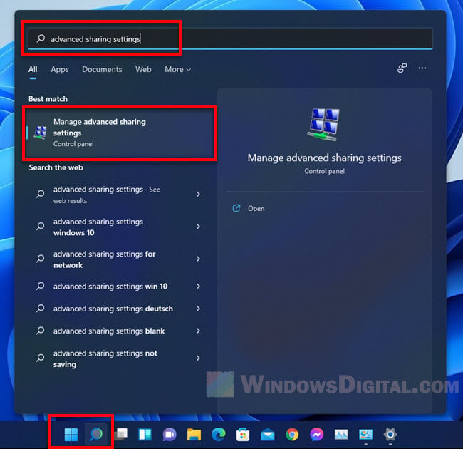 How to open advanced sharing settings in Windows 11