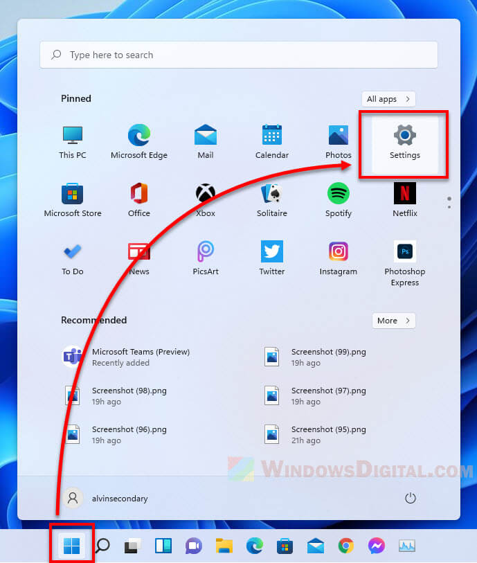How to open settings in Windows 11