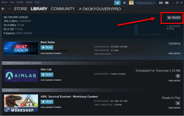 How to pause or stop Steam download update