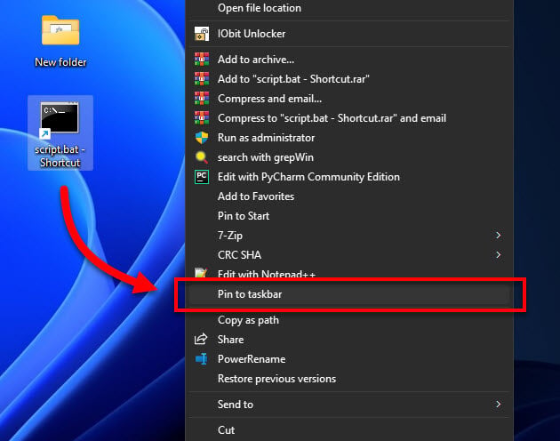 How to pin a batch file to taskbar in Windows 11