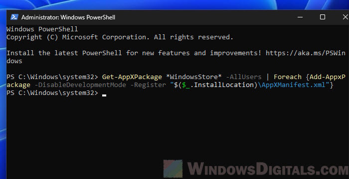 How to reinstall Microsoft Store in Windows 11 PowerShell