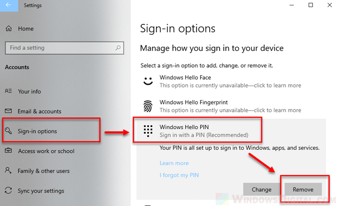 How to remove PIN from Windows 10