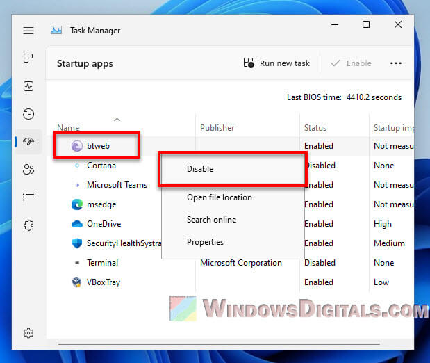 How to remove btweb.exe from startup