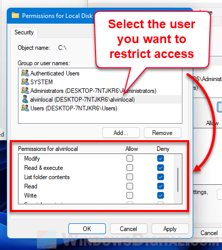 Bagaimana cara membatasi akses pengguna ke folder atau drive di Windows 11?