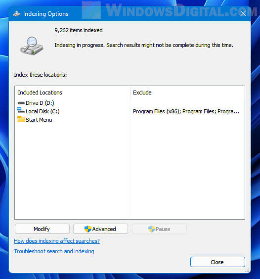 How to resume indexing in Windows 11