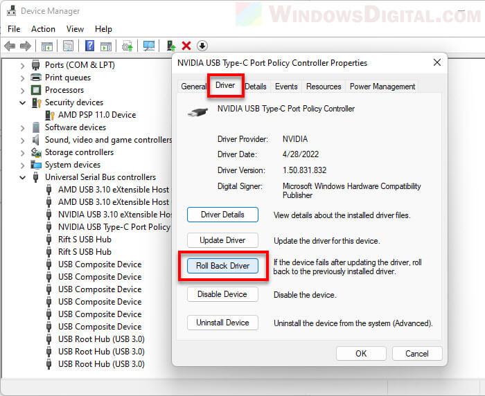 How to roll back driver in Windows 11