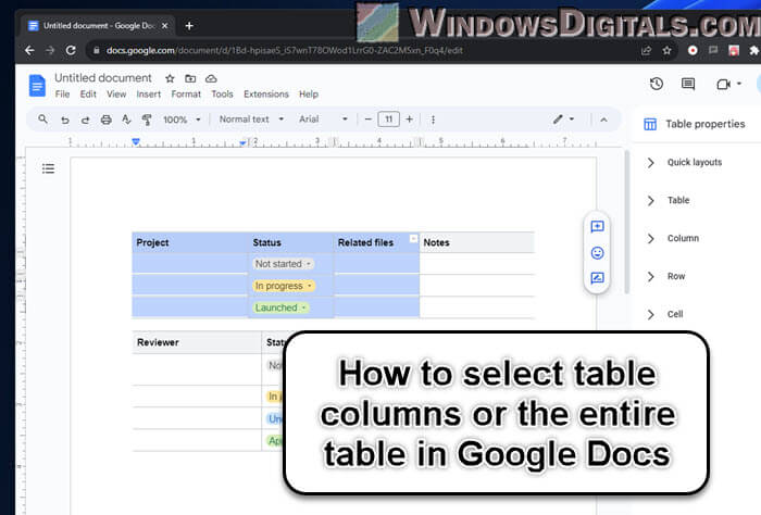 How to select table columns or the entire table in Google Docs