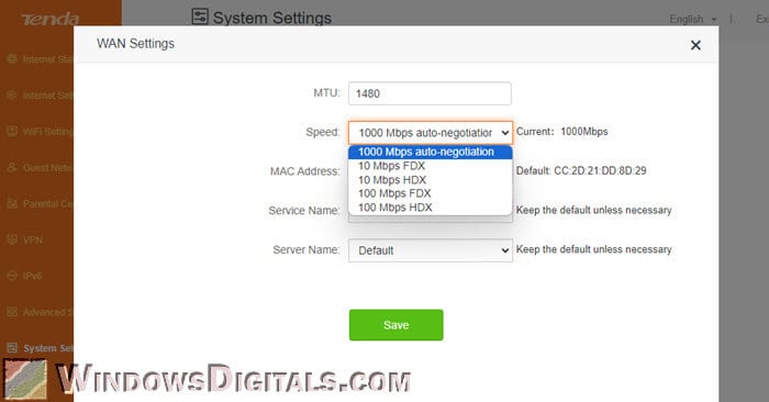 How to set Router Auto-Negotiation setting to 1Gbps instead of 100Mbps