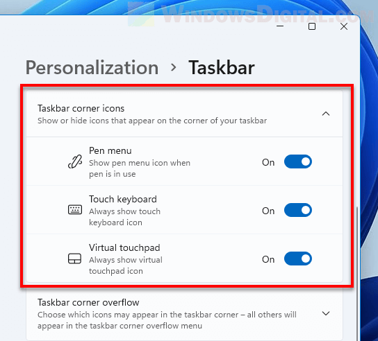 How to show or hide taskbar corner icons Windows 11