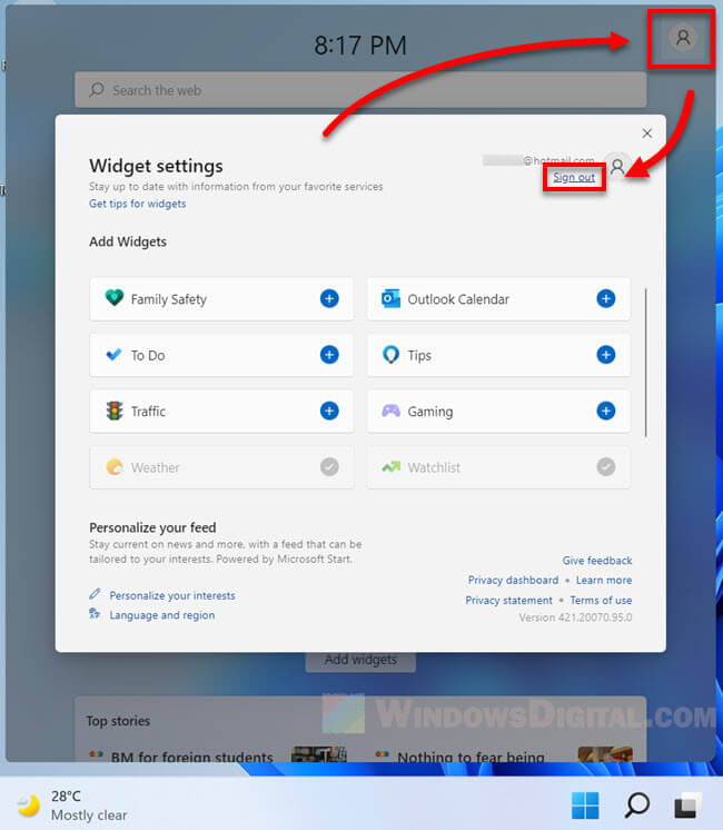 How to sign out of Widgets in Windows 11