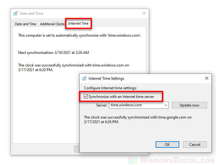 How to sync date and time with internet time server Windows 10