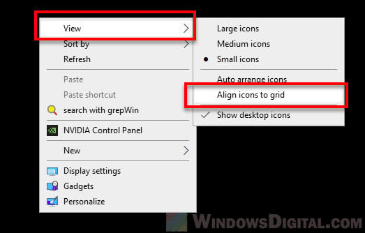 How to turn off align icons to grid Windows 10
